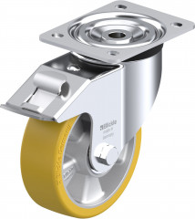Roulette pivotante polyuréthane Extrathane® avec platine à visser et blocage « stop-fix »